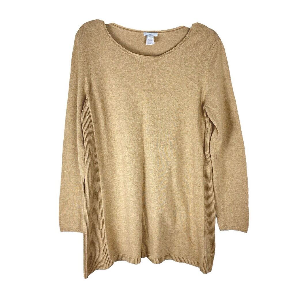 J. Jill Ribbed Side Slit Sweater Tunic Top Pullover Tan Sz Medium Cotton Stretch